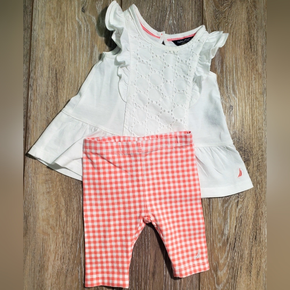 Nautica White, Coral 2pc Ruffled Sleeveless Top, Checkered Legging Set Sz 0/3M